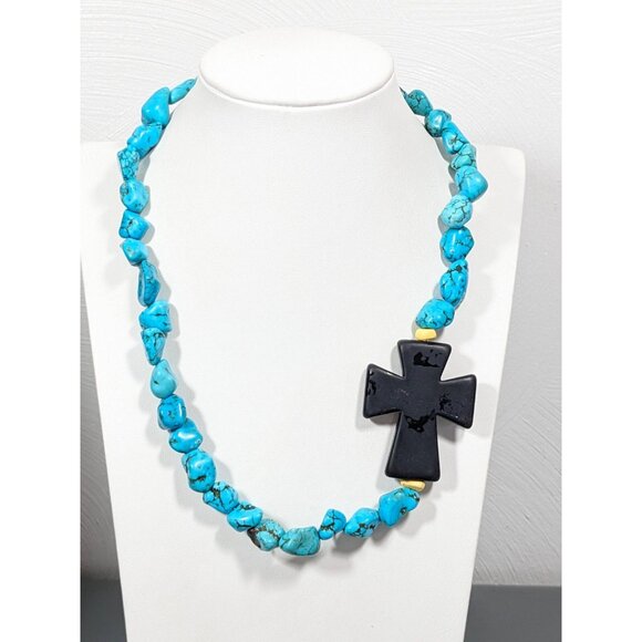 Beachy Coastal Blue Stone Faux Turquoise Black Cross Necklace Bold 20 in - Picture 12 of 12